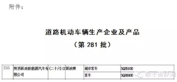 熱烈祝賀躍迪集團旗下陜西躍迪公司SQZ6600KA、SQZ6100NG車型正式列入工信部產(chǎn)品公告目錄（第281批）